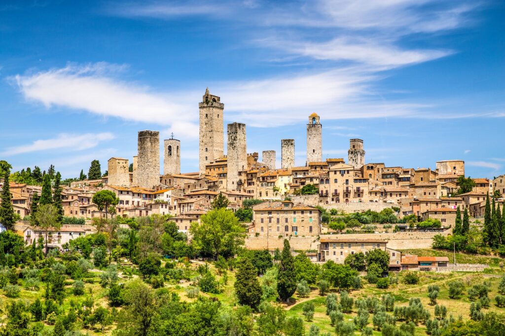 Vista panorámica de una ciudad antigua fortificada rodeada de vegetación
