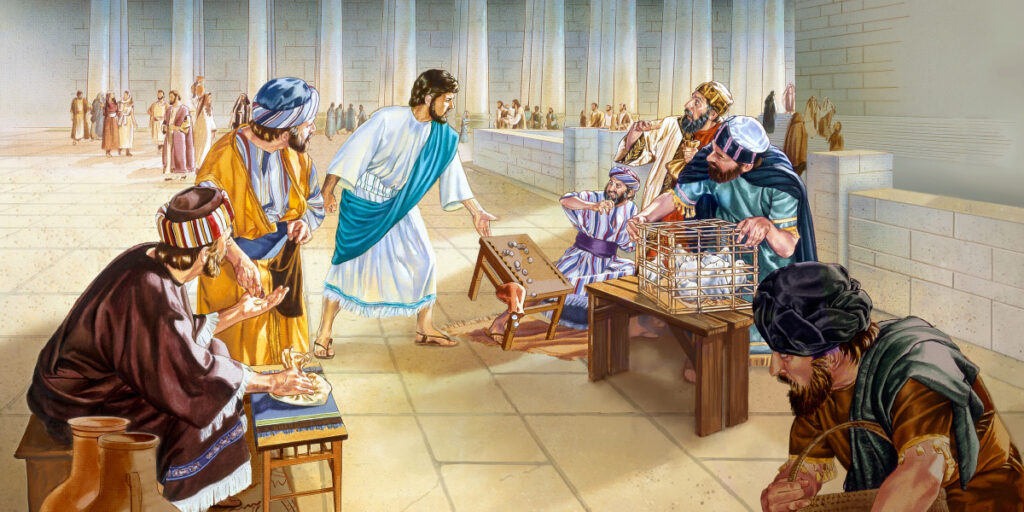 Pintura de Jesús expulsando a los mercaderes del templo