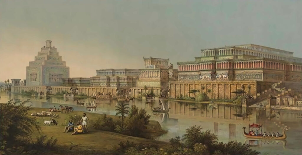 Ilustración histórica de la antigua ciudad de Nínive junto al río